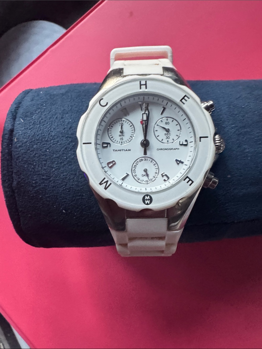 Michele White Women’s Chronograph Watch with Silicone’s Strap.Needs Battery